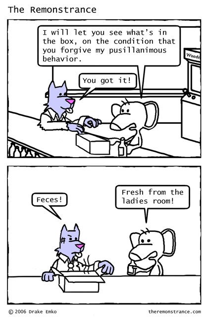 Hector Peers Into the Box - The Remonstrance comic for 2006-11-06. Word of the day: pusillanimous