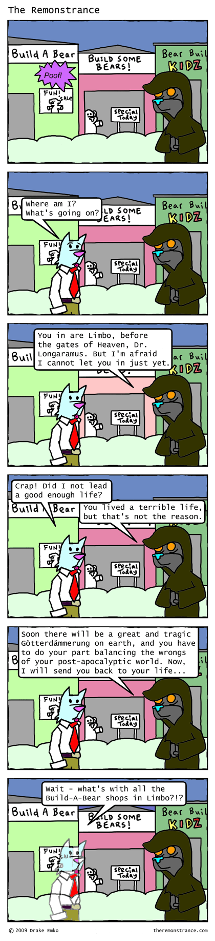 Hector in Limbo, or a Perhaps a Mall - The Remonstrance comic for 2009-04-20. Word of the day: Gtterdmmerung