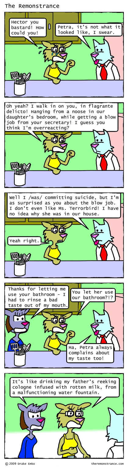 The Hanging From a Noose Fellatio Fallout - The Remonstrance comic for 2009-06-08. Word of the day: flagrante delicto