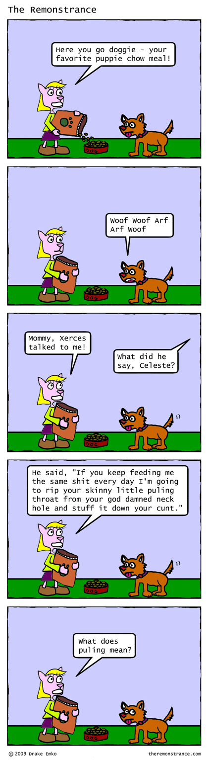 Celeste Feeds the Dog - The Remonstrance comic for 2009-06-30. Word of the day: puling