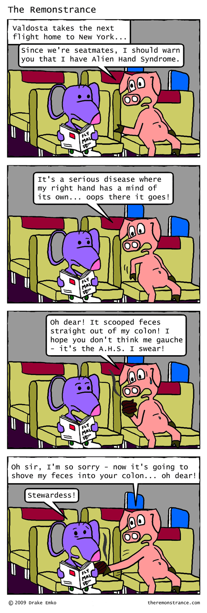 Valdosta's Plane Ride (the Friendly Seatmate) - The Remonstrance comic for 2009-08-03. Word of the day: gauche