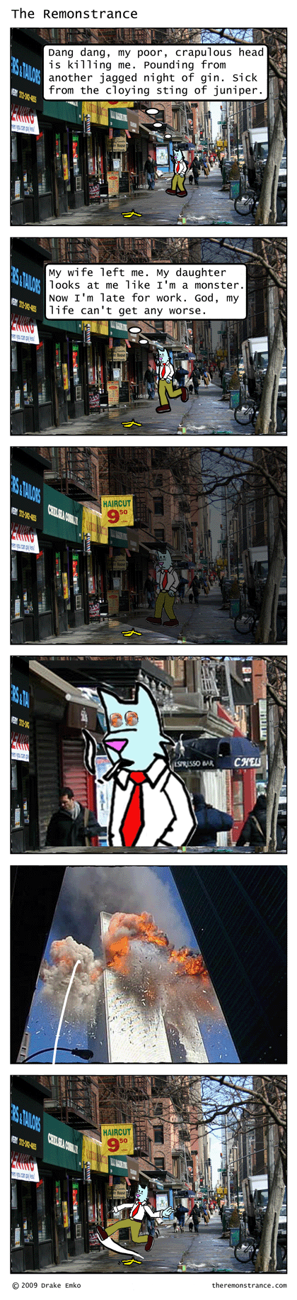 Hector is Late for Work - The Remonstrance comic for 2009-09-28. Word of the day: crapulous