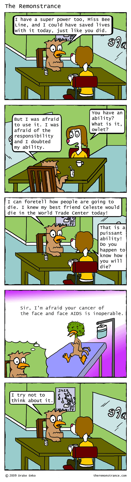 Wortle Confides in Bee Line, Super Heroine Extraordinaire - The Remonstrance comic for 2009-11-09. Word of the day: puissant