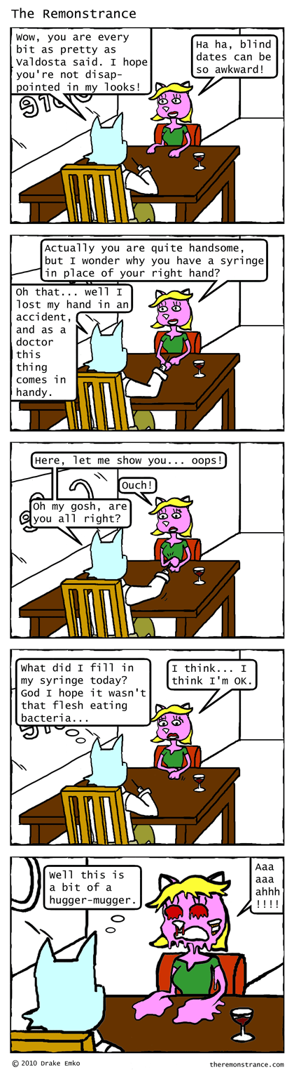 Hector Goes on a Blind Date - The Remonstrance comic for 2010-04-07. Word of the day: hugger-mugger