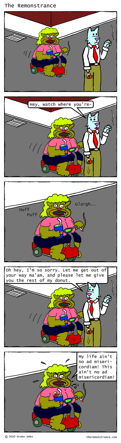 Betty-Jo's Big Ride - The Remonstrance comic for 2010-04-26. Word of the day: ad misericordiam