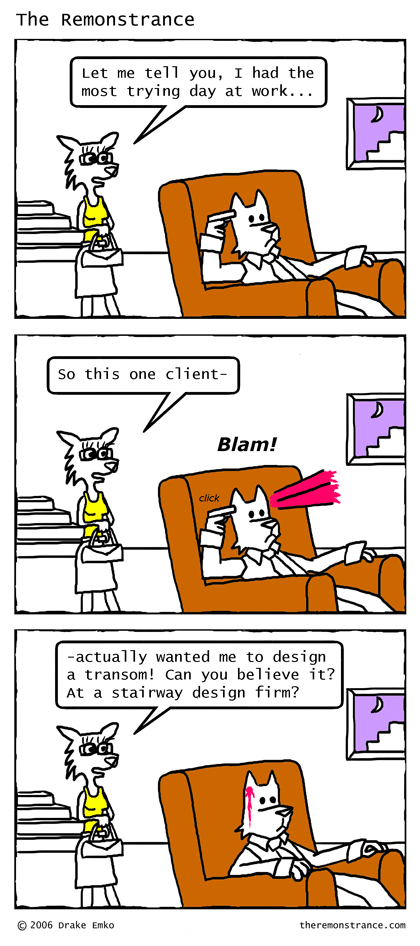 Petra Talks About Her Day - The Remonstrance comic for 2006-12-25. Word of the day: transom