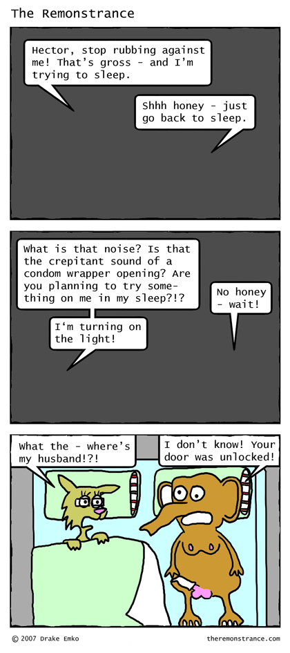 Bedtime in the Longaramus Household - The Remonstrance comic for 2007-04-16. Word of the day: crepitant