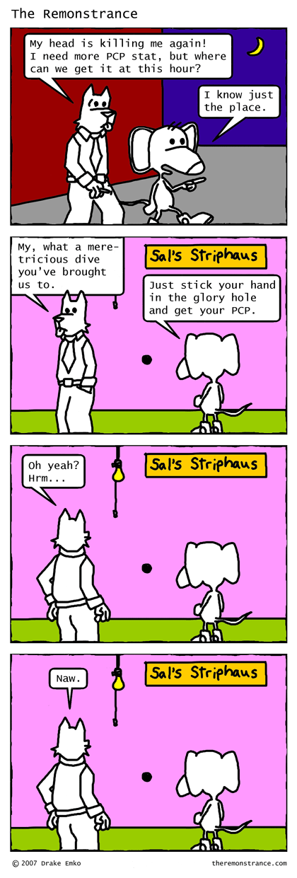 Where to Get A Late Night Fix - The Remonstrance comic for 2007-04-24. Word of the day: meretricious