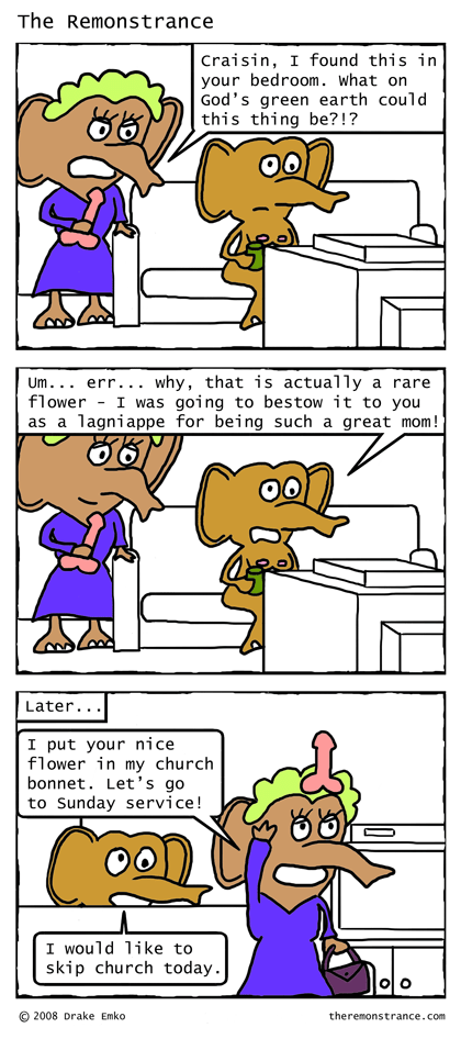 Craisin's Mom Finds a Gift - The Remonstrance comic for 2008-01-07. Word of the day: lagniappe