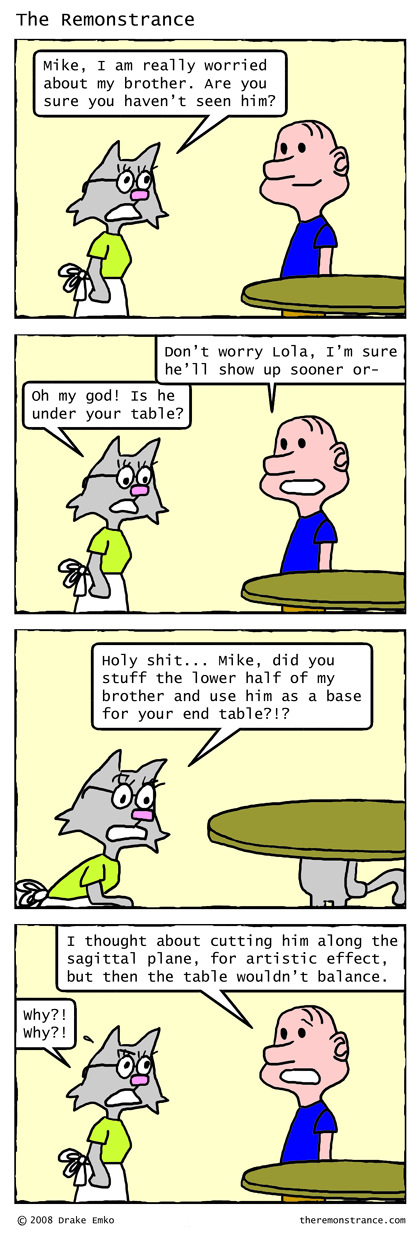 Mike's New End Table - The Remonstrance comic for 2008-01-14. Word of the day: sagittal