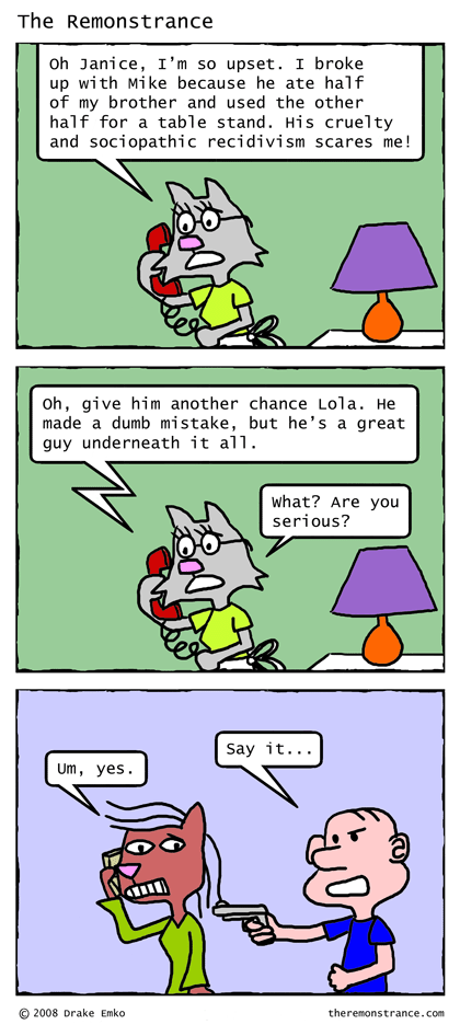 Lola Has Boy Troubles - The Remonstrance comic for 2008-02-11. Word of the day: recidivism