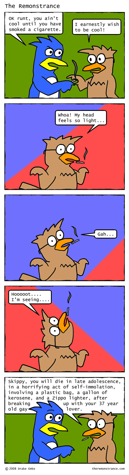 Wortle's First Cigarette - The Remonstrance comic for 2008-03-03. Word of the day: immolation
