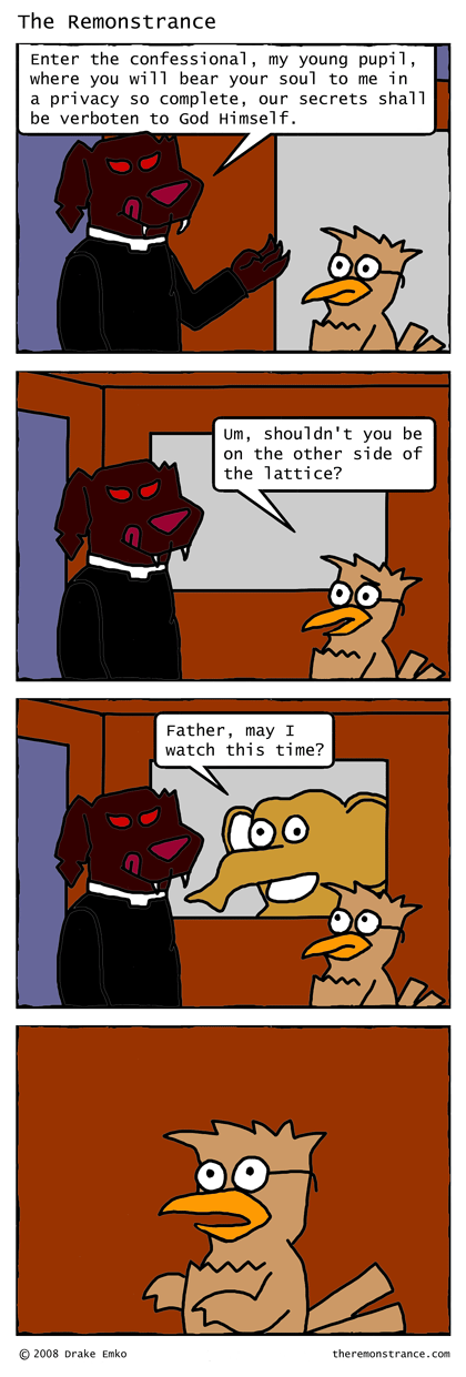 The Confessional - The Remonstrance comic for 2008-04-23. Word of the day: verboten