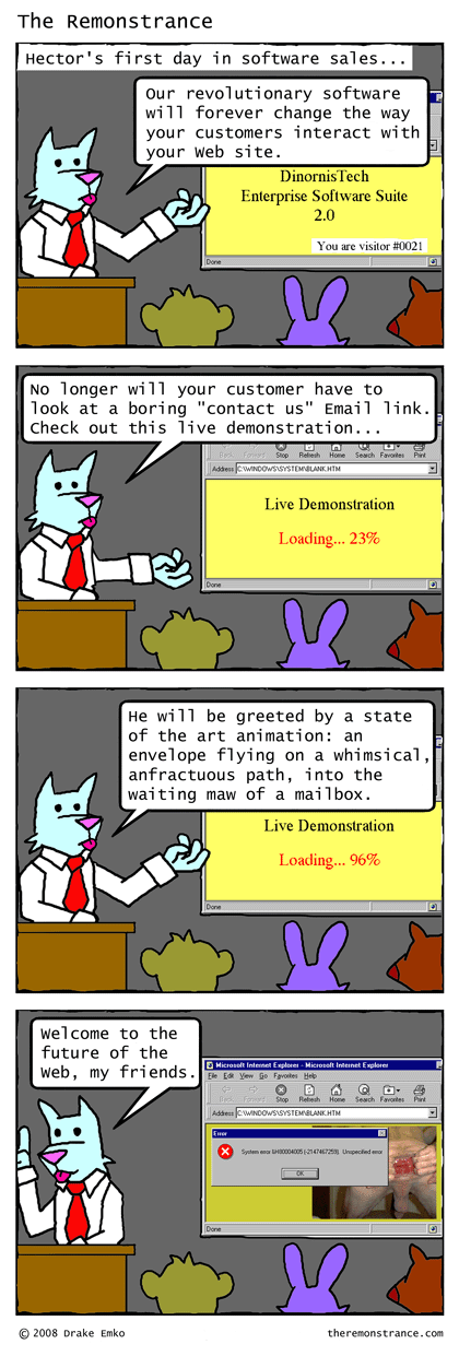 Hector's First Sales Pitch - The Remonstrance comic for 2008-12-09. Word of the day: anfractuous